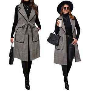 New Plus Plaid Pocket Contrasting Border Long Pants Sleeveless Vest Jacket NWT